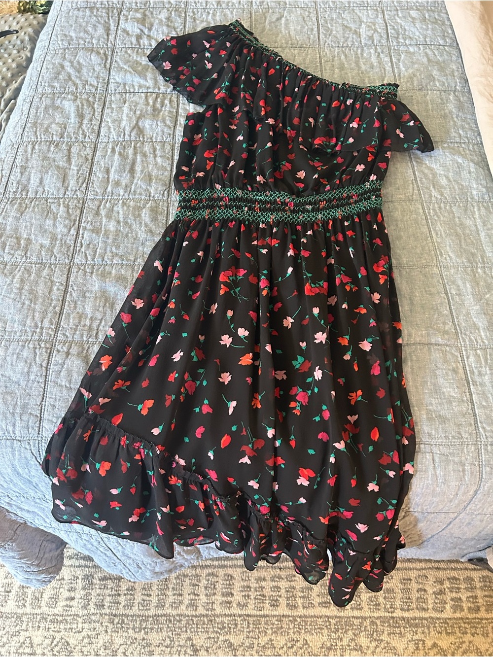 Joie Black Off-Shoulder Floral Dress with Pink & Red Blossoms